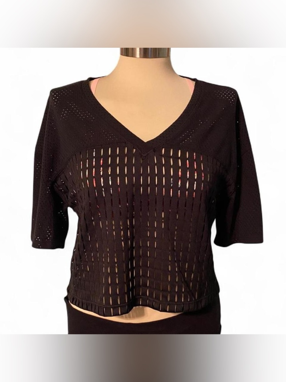 Black V-Neck Openwork Cropped Top
